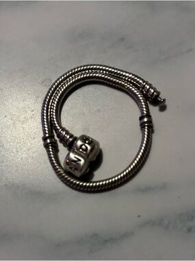 Pandora Silver Snake Chain Bracelet with Letter Barrel Charm